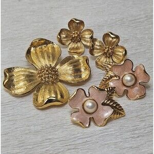 Vintage Trifari Dogwood Brooch 2 Pr Earrings Gold Pink Enamel Faux Pearl